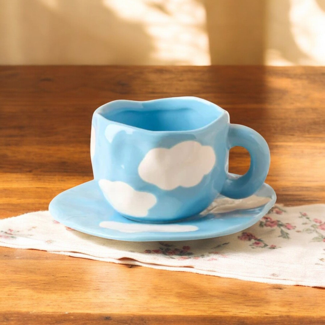 Blue Sky Ceramic Mug with Saucer