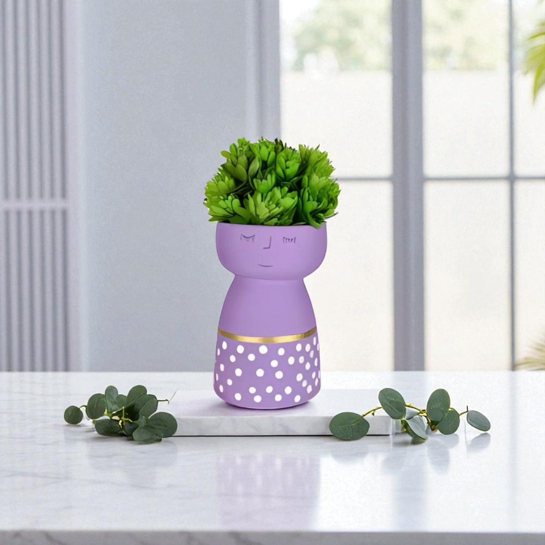 Whimsical Girl Face Vase – Purple Ceramic Planter with Polka Dots
