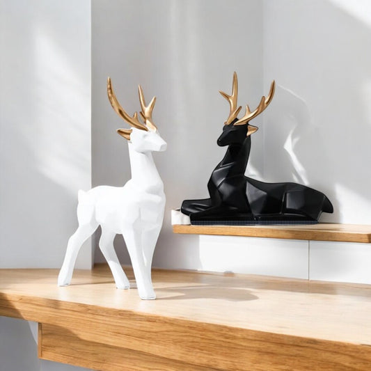 Modern Geometric Deer Sculpture Set – Black & White