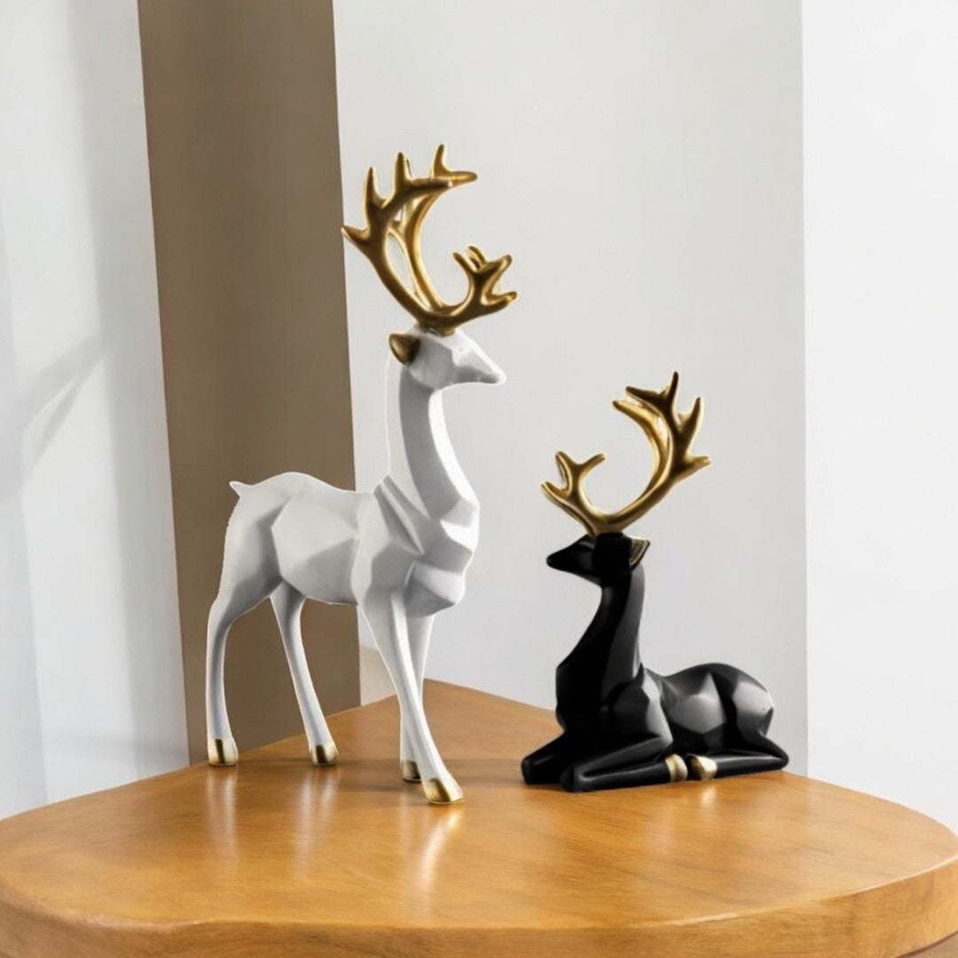 Modern Geometric Deer Sculpture Set – Black & White