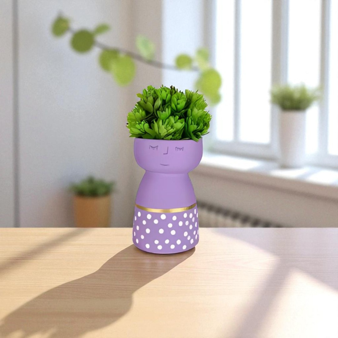 Whimsical Girl Face Vase – Purple Ceramic Planter with Polka Dots