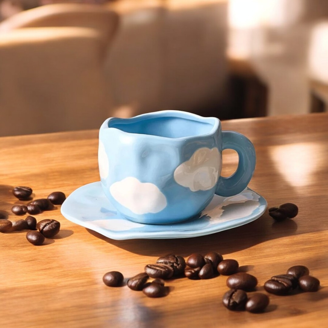Blue Sky Ceramic Mug with Saucer