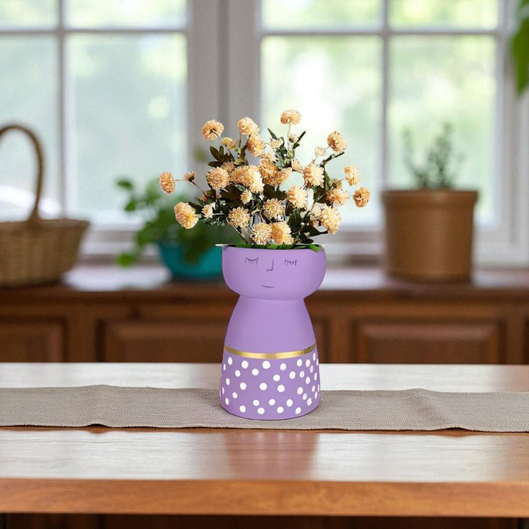 Whimsical Girl Face Vase – Purple Ceramic Planter with Polka Dots