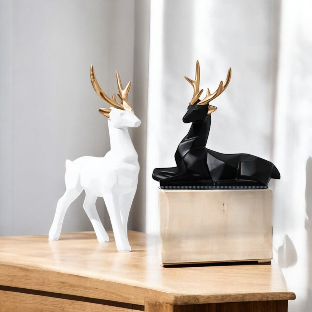 Modern Geometric Deer Sculpture Set – Black & White