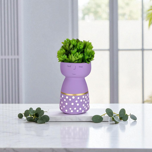 Whimsical Girl Face Vase – Purple Ceramic Planter with Polka Dots