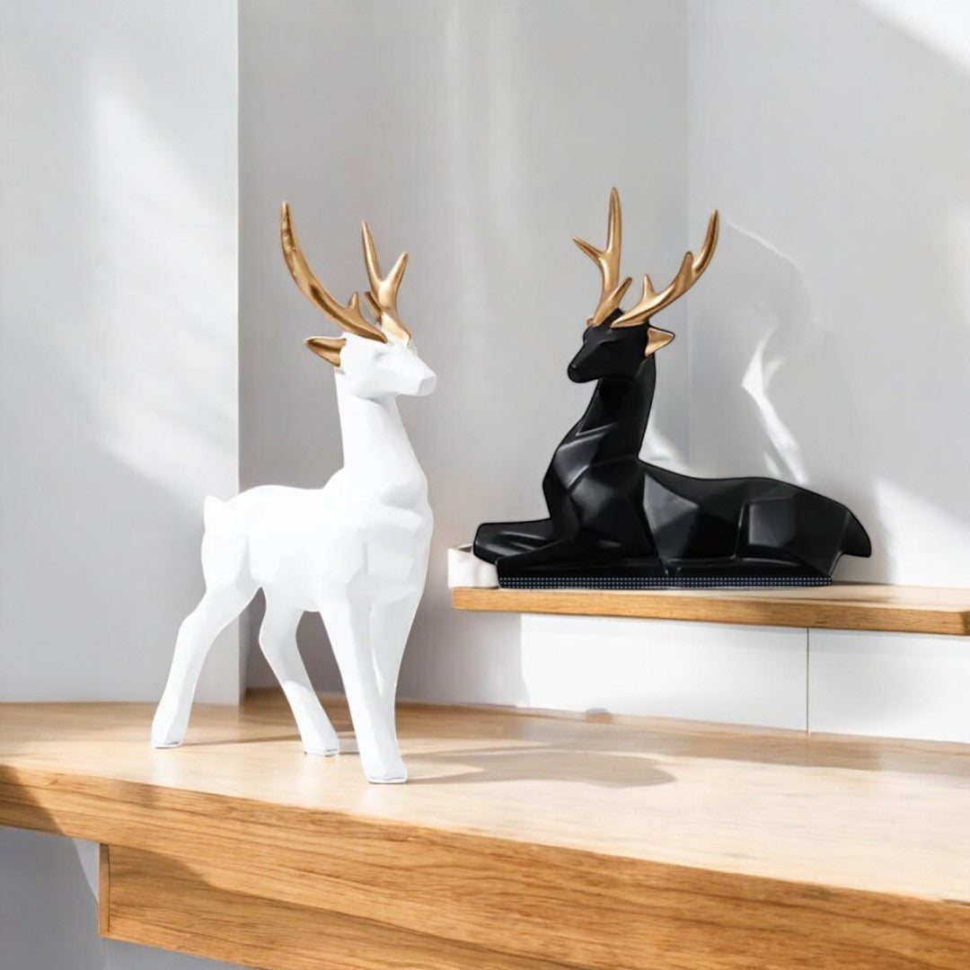 Modern Geometric Deer Sculpture Set – Black & White