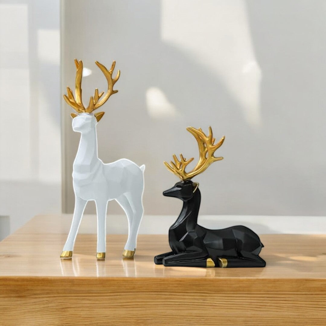 Modern Geometric Deer Sculpture Set – Black & White